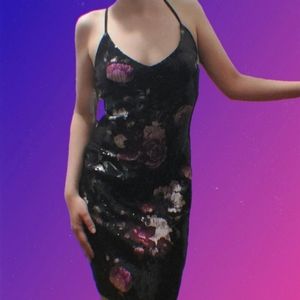 BCX Rose Print Black Sequin Mini Dress